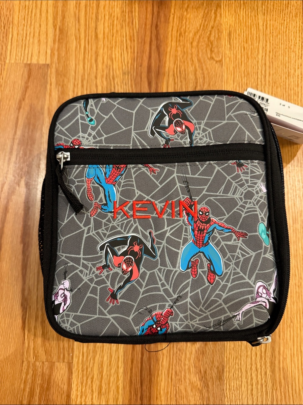 Pottery Barn Kids Gray Spider-Web Lunch Bag with Red Name
